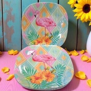 X4 Pink Flamingo Hibiscus Flower Palm Leaf Melamine Salad App Dessert Plate Set
